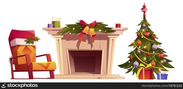 Home interior with Christmas decoration. Xmas tree with balls and garland, gift boxes, chair in red Santa Claus hat and fireplace. Vector cartoon set of New Year decor for living room. Home interior with Christmas tree and gift boxes