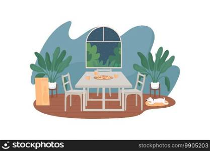 Home interior with pizza on table 2D vector web banner, poster. Weekend night recreation indoors flat scene on cartoon background. Lounge area printable patch, colorful web element. Home interior with pizza on table 2D vector web banner, poster