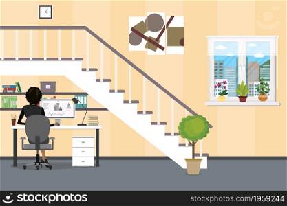 Home interior.Worlkplace under the stairs,Businesswoman or freelancer working,female back view,room with furniture,flat vector illustration
