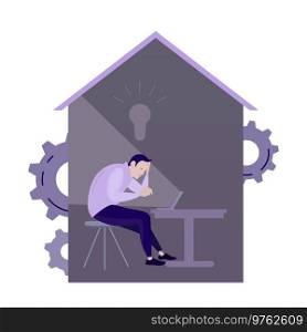 Home isolation, work with laptop. Vector quarantine office online, character at home hide from coronavirus, freelance epidemic illustration. Home office. Home isolation, work with laptop. Vector quarantine office