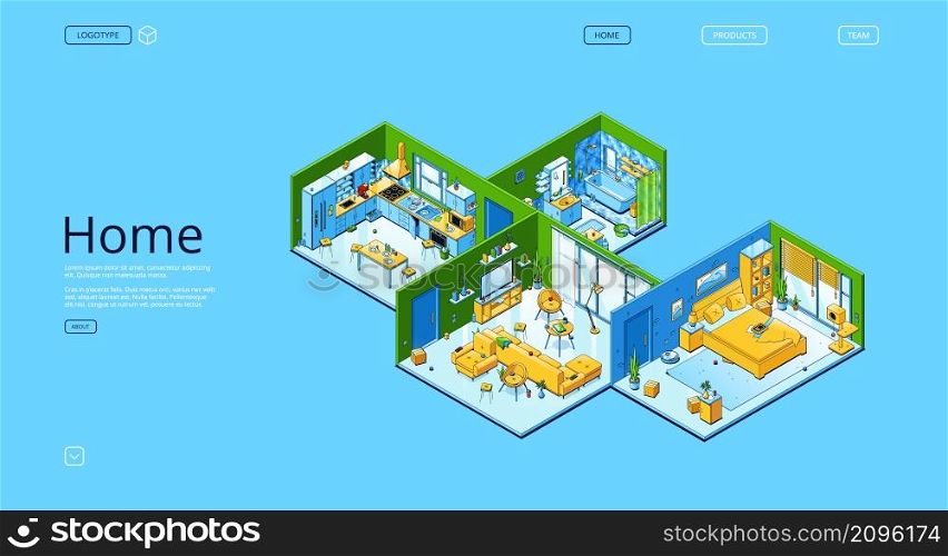 Home isometric landing page, modern apartment interior with bedroom, kitchen, bath and living rooms with furniture and technics, design project of comfortable house space 3d vector line art web banner. Home isometric landing page with apartment design