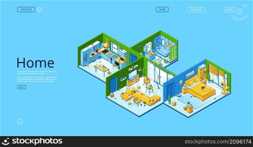 Home isometric landing page, modern apartment interior with bedroom, kitchen, bath and living rooms with furniture and technics, design project of comfortable house space 3d vector line art web banner. Home isometric landing page with apartment design