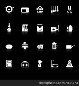 Home kitchen icons with reflect on black background, stock vector