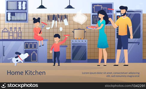 Home Kitchen Modern Appliances and Furniture Online Store Flat Vector Advertising Banner or Poster Template with Happy Family, Smiling Parents and Children Cooking Together at Kitchen Illustration. Family Home Kitchen Flat Vector Ad Poster Template