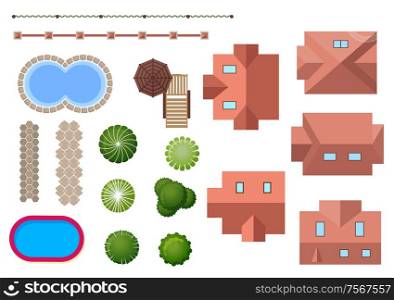 Home, landscape, property elements with variety of different roof shapes, two swimming pools, ornamental trees, shrubs and fencing for landscape design. Set of vector home and property elements