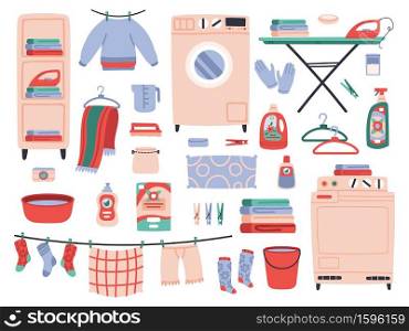 Home laundry. Clean laundry clothes, washing machine, household chemistry cleaning, ironing board and washing powder vector illustration set. Clothing hanging on rope, gloves and clothespins. Home laundry. Clean laundry clothes, washing machine, household chemistry cleaning, ironing board and washing powder vector illustration set