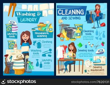 Home laundry washing, house cleaning and needlework service. Vector professional housekeeping, floor mopping or window glass polishing, washing machine and clothes ironing or clothes sewing. House cleaning, laundry washing and sewing service