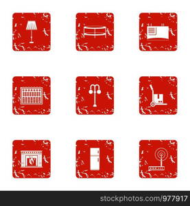Home library icons set. Grunge set of 9 home library vector icons for web isolated on white background. Home library icons set, grunge style