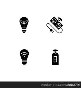 Home lighting black glyph icons set on white space. Smart and energy efficient lightbulb. Automated power strip. Silhouette symbols. Solid pictogram pack. Vector isolated illustration. Home lighting black glyph icons set on white space