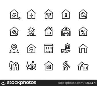 Home line icons. Browser interface button, home page pictogram, houses and city building constructions. Vector real estate set with many design flat architecture pictograms. Home line icons. Browser interface button, home page pictogram, houses and city building constructions. Vector real estate set