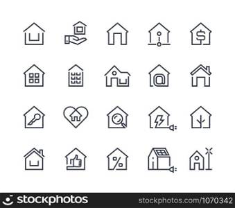 Home line icons. House interface button, browser homepage pictogram, real estate and building construction symbols. Vector set thin symbol computer management estate for mortgage and insurance. Home line icons. House interface button, browser homepage pictogram, real estate and building construction symbols. Vector set