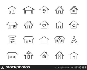 Home line icons. Modern outline houses app signs. Website interface and hotel buildings residency vector linear symbol set. Home line icons. Modern outline houses app signs. Website interface and hotel buildings vector linear symbols