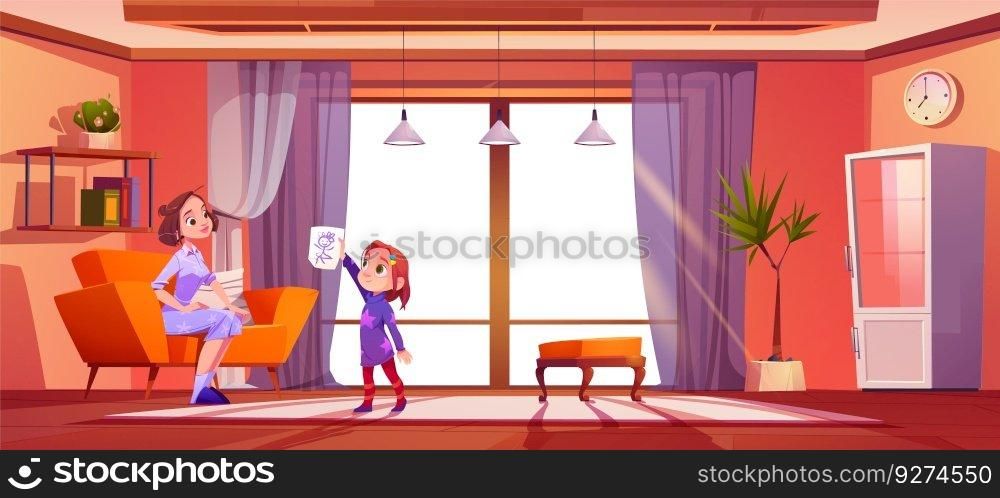 Home living room interior with child show draw to mother cartoon background illustration. Window with curtain and sofa furniture in apartment lounge with preschool character exhibit crayon scribble. Home living room interior with child show draw