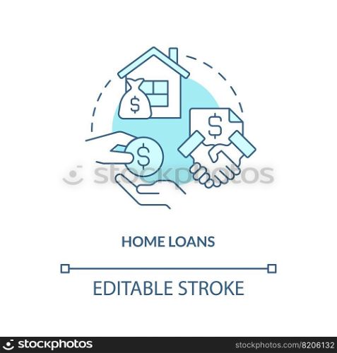 Home loans turquoise concept icon. Buying real estate credit line. Bank offer abstract idea thin line illustration. Isolated outline drawing. Editable stroke. Arial, Myriad Pro-Bold fonts used. Home loans turquoise concept icon