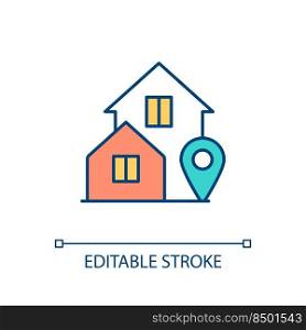 Home location RGB color icon. Real estate and property. City infrastructure. Navigation and address. Isolated vector illustration. Simple filled line drawing. Editable stroke. Arial font used. Home location RGB color icon