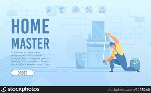 Home Master Flat Landing Page. Service for Order Custom-Made Furniture. Repairman Character in Bathroom at Work Measuring Size with Yardstick. Help in Interior Design. Vector Cartoon illustration. Custom-Made Furniture for Bathroom Landing Page