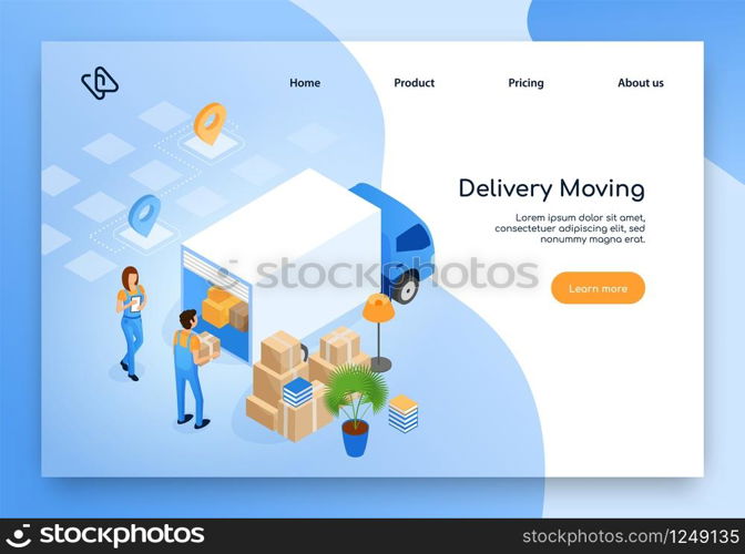 Home Moving Company, Delivery Service Isometric Vector Web Banner or Landing Page with Female and Male Workers in Uniform Loading or Unloading Furniture and Home Stuff Packed in Boxes Into Cargo Truck