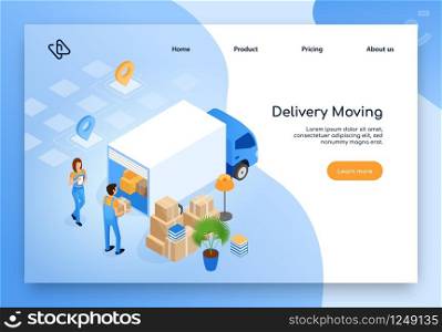 Home Moving Company, Delivery Service Isometric Vector Web Banner or Landing Page with Female and Male Workers in Uniform Loading or Unloading Furniture and Home Stuff Packed in Boxes Into Cargo Truck