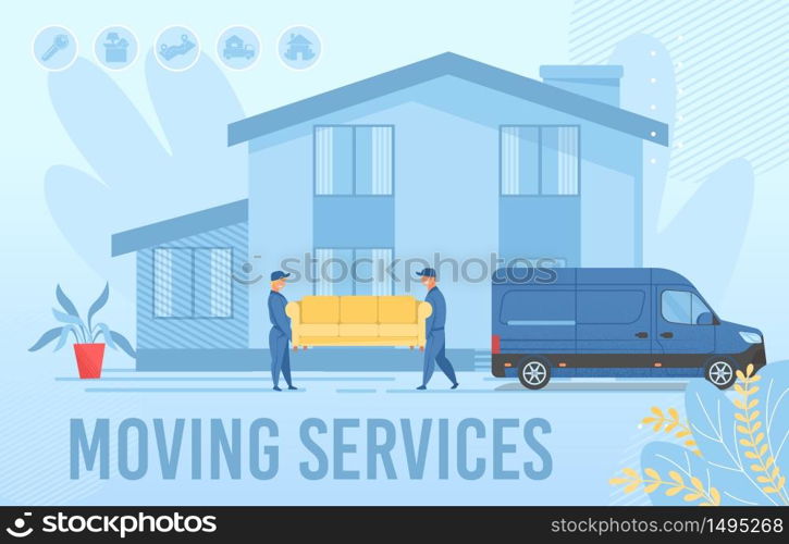 Home Moving Services Advertising Webpage Banner Layout, Cartoon Male Loaders Team Carrying Couch. Man in Uniform Unloading Furniture from Minivan. Delivery and Logistic. Vector Flat Illustration. Moving Services Advertising Webpage Banner Layout