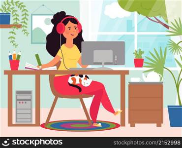 Home office. Cartoon working girl, business woman work remote. Female sitting at computer, flat student online education vector. Illustration freelance woman, cartoon work remote, worker freelancer. Home office. Cartoon working girl, business woman work remote. Female sitting at computer, flat student online education decent vector concept