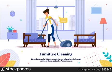 Home, Office Cleaning Company, Hotel Room Cleanup Service Trendy Vector Advertising Banner, Promo Poster Template. Housewife, Hotel Female Attendant Cleaning Furniture with Vacuum Cleaner Illustration