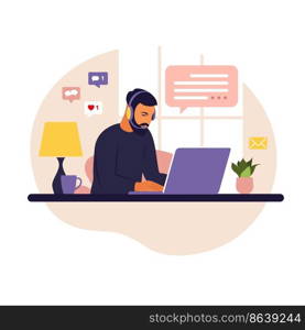 Home office concept, man working from home. Student or freelancer. Freelance or studying concept. Vector illustration. Flat style.