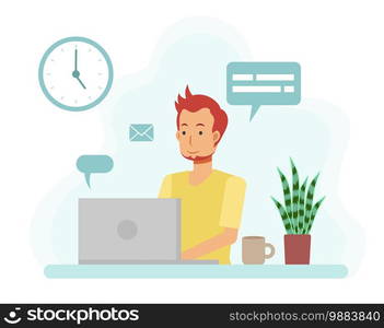 Home office concept, man working from home with laptop. vector flat cartoon character