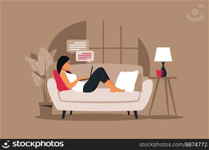 Home office concept, woman working from home lying down on a sofa, student or freelancer. Vector illustration in flat style