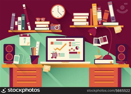 Home office desk - flat design, long shadow, work desk, computer and stationery