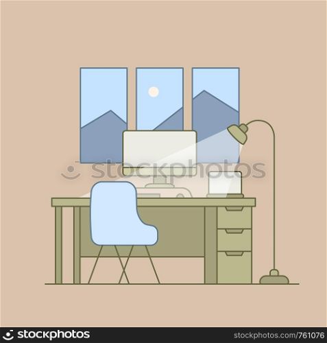 Home office desk with laptop and monitor. Vector illustration