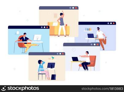 Home office exercise. Work break relax, business people working online and doing yoga. Wellbeing training, mind clear and calm vector. Relax exercise in office, wellness relaxation illustration. Home office exercise. Work break relax, business people working online and doing yoga. Wellbeing training, mind clear and calm vector concept