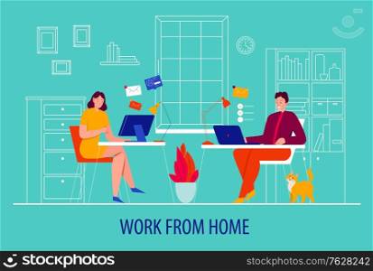 Home office freelance composition with couple at home and work from home descriptions vector illustration