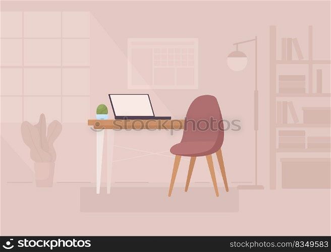 Home office furniture flat color vector illustration. Contemporary desk with chair. Workplace ergonomics. Fully editable 2D simple cartoon interior with cozy atmosphere and bookcases on background. Home office furniture flat color vector illustration