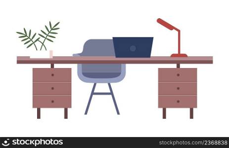 Home office furniture semi flat color vector object. Full sized item on white. Office desk with armchair and laptop simple cartoon style illustration for web graphic design and animation. Home office furniture semi flat color vector object