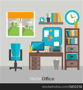 Home office furniture shelves and drawers bookcase and computer desk comfy chair poster flat abstract vector illustration. Home office furniture icon poster