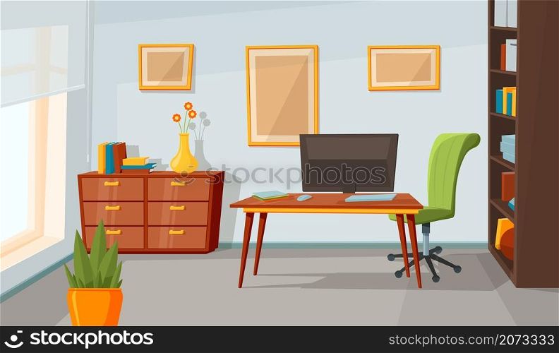 Home office interior. Room background, flat contemporary living area design. Modern cabinet, workplace furniture with laptop recent vector scene. Interior office design, table workplace illustration. Home office interior. Room background, flat contemporary living area design. Modern cabinet, workplace furniture with laptop recent vector scene