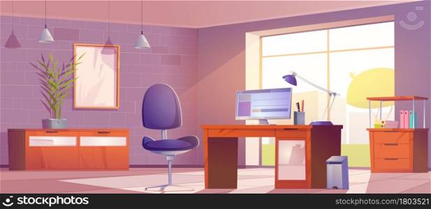 Home office interior, room for working with computer desk, armchair, drawer with files front of large window with house yard view. Workplace for freelance or business, cartoon vector illustration. Home office interior, room for working with pc