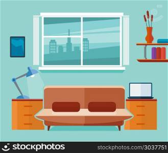 Home office interior with sofa and laptop. Freelancer workplace. Flat vector illustration. Home office interior with sofa and laptop. Freelancer workplace. Interior room with laptop and sofa, work interior office space. Flat vector illustration