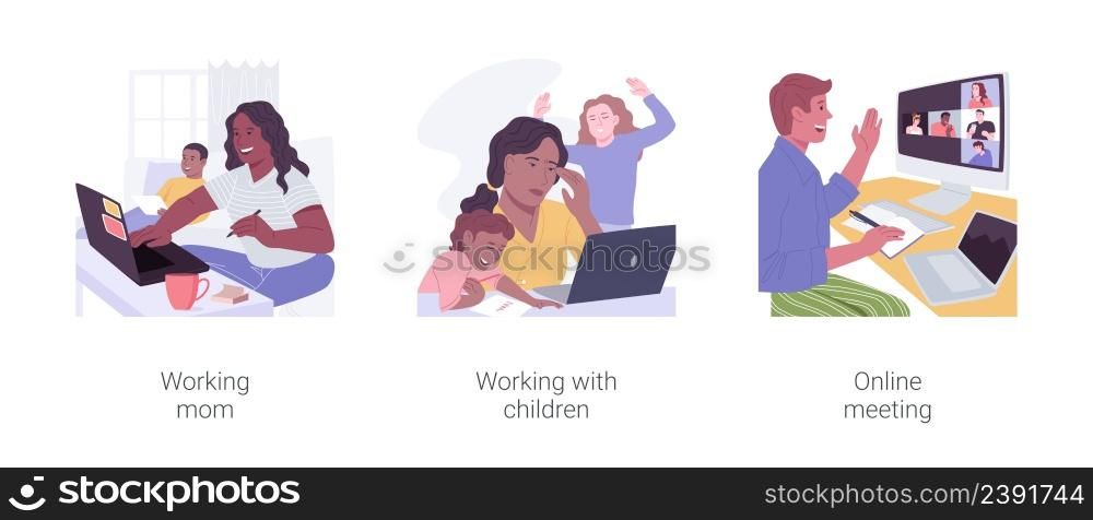 Home office isolated cartoon vector illustrations set. Working mom on a remote job, working with children, online meeting, distance work and multitasking, digital nomad vector cartoon.. Home office isolated cartoon vector illustrations set.