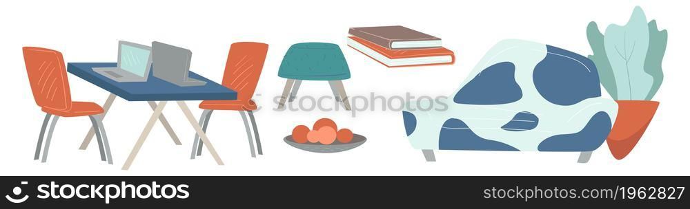 Home office, place to live and work, interior design of house. Table with chairs for coworking, sofa with modern print, desk with books and houseplant in pot. Decor and fashion. Vector in flat style. Working space and living room interior design
