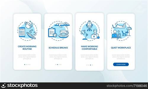 Home office rules onboarding mobile app page screen with concepts. Schedule and quiet workplace walkthrough 4 steps graphic instructions. UI vector template with RGB color illustrations