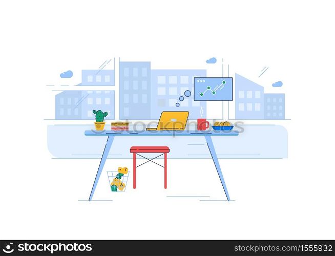 Home office semi flat RGB color vector illustration. Laptop on table with snacks isolated cartoon object on white background. Independent worker, freelancer workplace. Working with comfort. Home office semi flat RGB color vector illustration