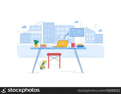 Home office semi flat RGB color vector illustration. Laptop on table with snacks isolated cartoon object on white background. Independent worker, freelancer workplace. Working with comfort. Home office semi flat RGB color vector illustration
