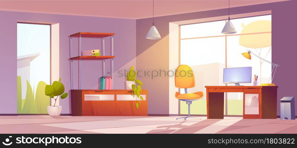 Home office with desk, monitor, chair and bookcase. Vector cartoon interior of room in house with workplace for distant job. Work cabinet with windows, wooden table, computer, lamp, folders on shelf. Home office with desk, monitor, chair and bookcase