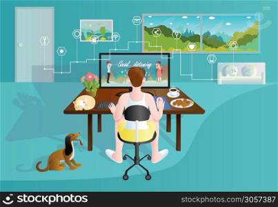 Home Office working at home by graphic designer modern flat vector concept digital illustration at home work. Creative freedom webpage laptop comfortable design for internet lifestyle living room.