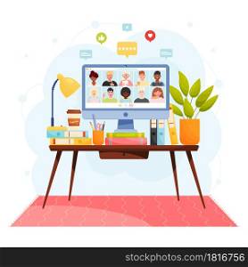 Home office workplace concept. Online video chat conference meeting with diverse group of people. Vector illustration.