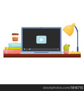 Home office workplace with online video on laptop. Vector illustration.