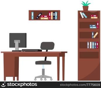 Home or office desk with drawers, wheelchair, computer, filing cabinet with books and folders. Interior design and furniture placement in workplace. Table and furnishing for work of office employee. Interior design and furniture placement in workplace. Table and furnishing for working in office