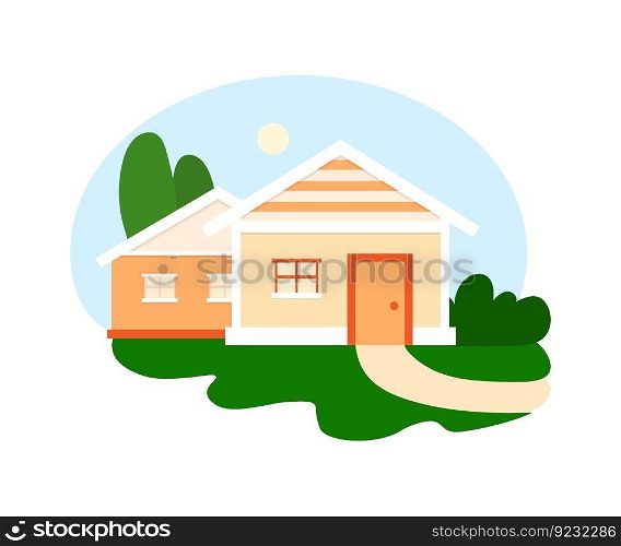 Home outdoor isolated icon. Flat colorful illustration of house. Sunny day landscape with cartoon building.