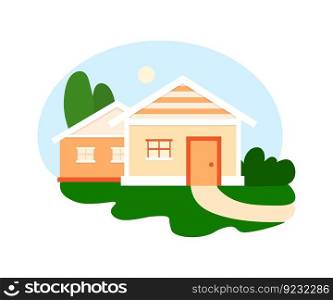 Home outdoor isolated icon. Flat colorful illustration of house. Sunny day landscape with cartoon building.